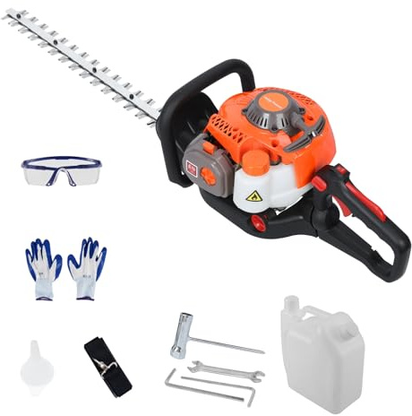 Cortasetos a Gasolina 26cc con Cuchilla Doble de 60 cm, Modelo Ligero de Metal con Mango Ergonómico, Eje Desmontable para Setos, Arbustos, Maleza y Jardines Exteriores y Huertos Naranja