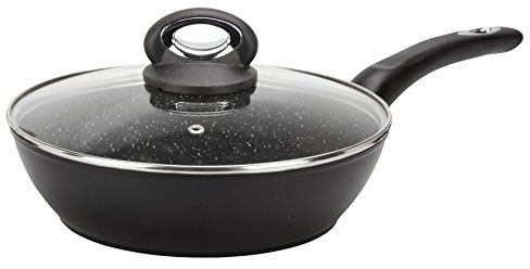 Crealys 520044 Sauteuse GRANITY diam. 24 cm en Aluminium forgé revêtement Noir Anti-adhérent sans PFOA - Aspect Pierre - Couvercle en Verre - Tous Feux Dont Induction