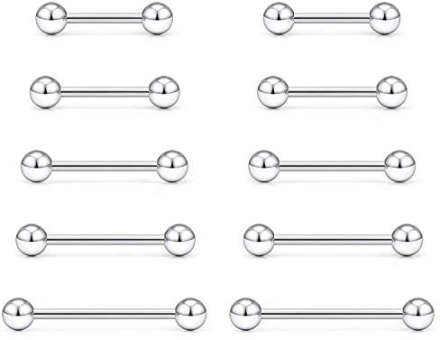 vcmart 10er Silber Zungenpiercing Set Chirurgenstahl 14G Piercing Zunge 12/14/16/18/20mm Verschiedene Grössen