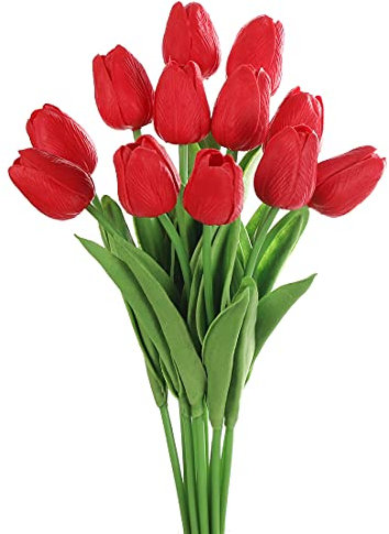 huaao 12pcs Tulipes artificielles en Latex Bouquet Fleurs Artificielles Toucher réel Bouquets à Faire soi-même, fête de Table de Mariage, Décoration Bureau, Arrangements Floraux, Rouge