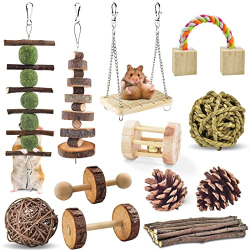ERKOON 12 Stück Hamster Kauspielzeug, Natürliches Kaninchen Meerschweinchen Holz Übung Glockenrolle Zahnpflege Molar Backenzahnspielzeug Spielzeug für Ratten Chinchillas Spielzeug Zubehör