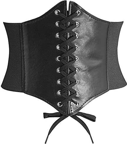 DTWAWA Black Corset Belts for Women, Wide Elastic Tied Leather Waspie Waist Belt for Girls Dresses, 23-25 Inches
