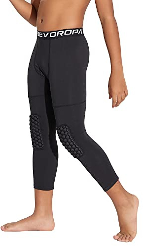 DEVOROPA Youth Boys' Compression Pants with Knee Pads 3/4 Basketball Athletic Tights Quick Dry Sports Workout Leggings Black L