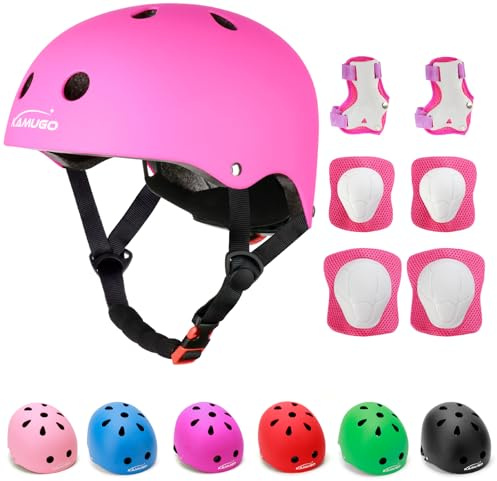 KAMUGO Kids Adjustable Helmet, with Sports Protective Gear Set Knee Elbow Wrist Pads for Toddler Age 3-8 Boys Girls, Bike Skateboard Hoverboard Scooter Rollerblading Helmet Set (DarkPink)