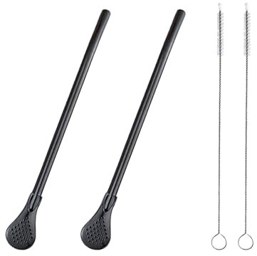 Lot de 2 cuillères à paille en acier inoxydable avec 2 brosses de nettoyage, cuillères à thé réutilisables pour thé en vrac, paille Yerba mate, pailles en métal, agitateurs à café pour boissons (noir)