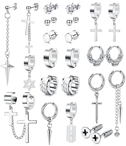 Adramata 24 Pcs Boucles d'Oreilles Homme Acier Inoxydable Boucle d'Oreille à Vis Punk Boucle d'Oreille Créoles Fantaisie Boucles d'Oreilles Pendante Argent Noir Boucle d'Oreille pour Homme Femme
