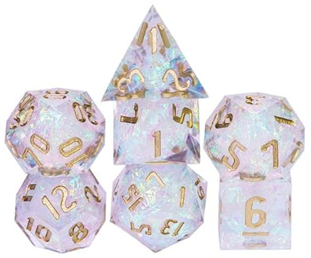 World of Dice - Spacebreaker Green Shimmer - handgefertigtes Pen and Paper Würfel Set, 7-teilig, mit Spitzen Kanten und Ecken, für Dungeons and Dragons (DND), Das Schwarze Auge (DSA), Cthulhu, UVM.