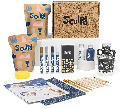 Sculpd keramikkit, lufttorr lera startsats för nybörjare med akrylfärgpennsset, keramikverktygsset, akrylfärg, vattentät lack, penslar, svamp och 20 delar steg-för-steg-guide