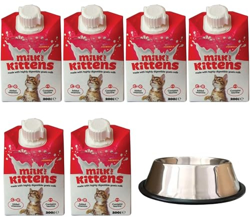 Top Life Formula Kitten Milk (200ml) - Pack of 6 Kitten Milk for Cats Bundled with Fade-Style Slip Proof Bowl