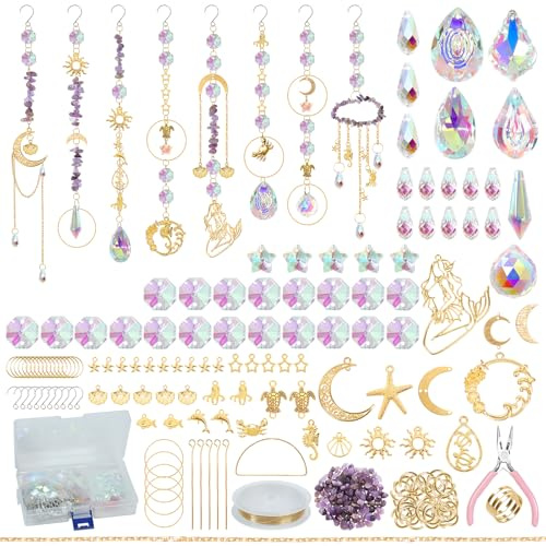 DEMIUKO Atrapasoles Cristal 410 Piezas DIY Kits Atrapasoles Adornos Carillón de Viento Colgantes Cristal Bola Prisma Colgando Arcoiris-Creador Cadenas SunCatcher para Casa, Jardin, Officina (Sirena)