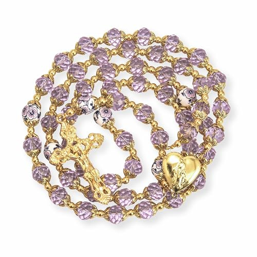 Nazareth Store Perline di cristallo verde cattolico 10 mm Collana di perline di rosario in oro Miracoloso Medaglione a forma di cuore Medaglia Croce Religiosa Donna Uomo Amuleto 21 (Viola)