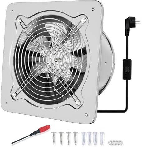 FanGoFast Extractor de Aire 200mm Ventilador de Baño 980m³/h Silencioso con Aleta de Retorno Potente Ventilador Metálico de Pared con Enchufe EU para Cocina Garaje Sótano (Plata, 200mm)