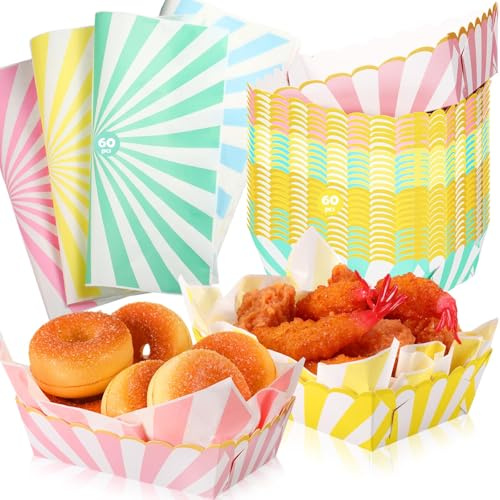 Dunzoom 60 Sets Pastel Paper Food Trays with Grease Resistant Wax Deli Paper Sheet Pastel Christmas Party Supplies Disposable Food Boats with Scalloped Gold Foil for Hot Dog Fries Taco Popcorn