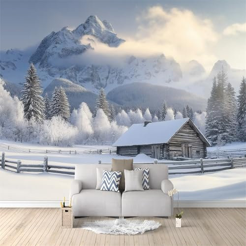 Carta da parati 300 x 210 cm per soggiorno camera da letto Montagne Con Paesaggi Innevati Naturali Carta da parati decorativa, tessuto non tessuto 3D Bianco Copri carta da parati per piccole crepe