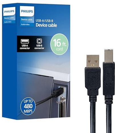 Philips USB-A to USB-B Printer Cable, 16 Ft Long Cord, Connect Laptop or Desktop, Data Transfer 480 Mbps, Gold Plated, HP, Canon, Brother, Samsung, Dell, Epson, Lexmark, Xerox, Black, SWV3173B/37