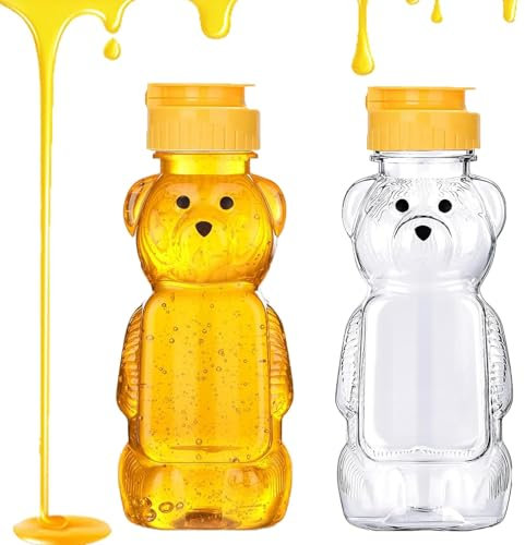 Guyode 2 Pièces 250ml Pots à Miel Mini Ours Plastique avec Couvercle à Clapet, Transparent Petit pot Confiture Miel avec Couvercle à Charnière le Parfait Bocaux pour Stockage et Distribution