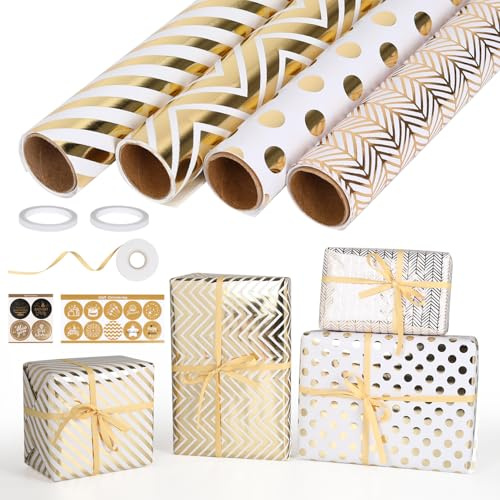 4 Rolls Wrapping Paper,Gold Wrapping Paper Set with Gold Ribbon and Tape Wrap for Birthday,Christmas,Party, Wedding,Baby Shower,Valentine
