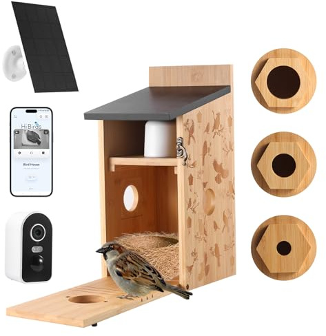 Nichoir Mesange avec Caméra 5MP Solaire, Nichoir Oiseaux Exterieur à Suspendre, WiFi 2,4G et Notification par Application, Enregistrement Vidéo/Photo et Détection de Mouvement, Vision Nocturne, B
