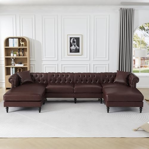 ORRD U Shaped Chesterfield Sofa, Oversized Sectional Faux Leather Couch, Chaise Ottoman Sofa Upholstered Accent Tufted Couch with Rolled Armrest and Nailhead for Living Room, Office - Dark Brown