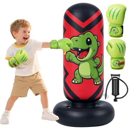 Punching Bag for Kids 130cm, Qoosea Free Standing Inflatable Boxing Bag with Gloves and Air Pump, Kids Punch Bags- Birthday Gifts for Boys & Girls Age 3-8 for Practicing Karate, Taekwondo, MMA