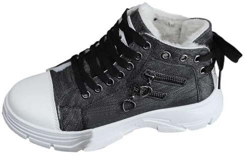 Botines de invierno de moda con cordones forrados con suela gruesa de plataforma holgada, botines cómodos casuales para uso diario, Negro , 36 EU