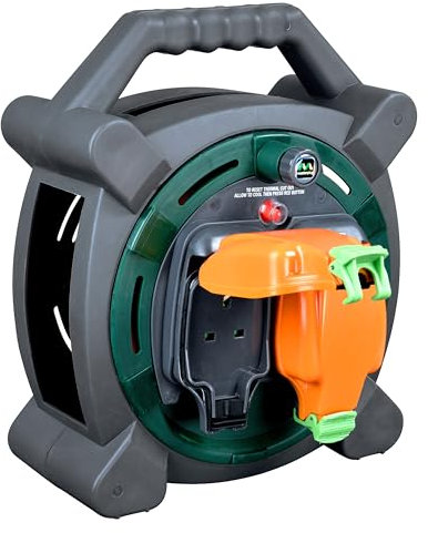 Masterplug Two Socket Retractable Weatherproof Case Reel, Extension Lead Cable Reel, Wind-Up Power Cord Reel, Thermal Cut Out, 20 Metre Cable, Outdoor Power, Grey/Orange, 13A, 2G, 20m, HLP2013/2IP