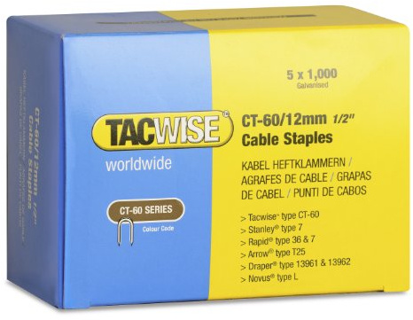 Tacwise 0355 Type CT-60 / 12 mm Galvanised Steel Cable Staples, Divergent Point, Pack of 5000
