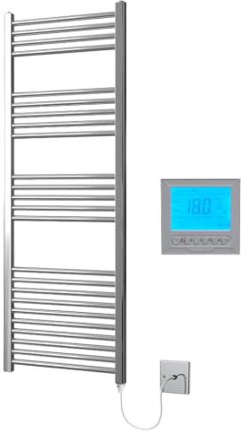 Greened House Chrome Electric Heated Towel Rail 500mm W x 1400mm H + Timer