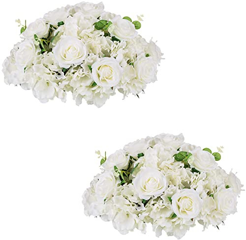 NUPTIO Bouquet Boules Fleurs 2 Pièces 40cm Diamètre Boules Roses Blanches pour Centres de Table - Grands Arrangements Roses Artificielles Bouquet Fleurs pour Décorations de Mariage