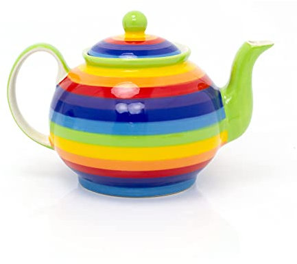 Hand Painted Rainbow Stripe Ceramic Large Teapot | 1 Litre Striped 4 Cups Tea Pot | Multicoloured Traditional Teapot