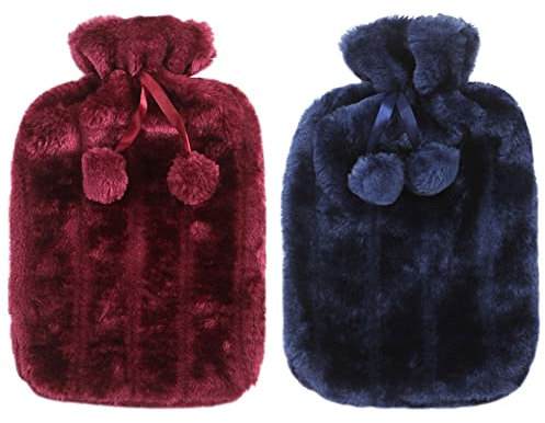 LSHDCER Wärmflaschenbezug 2 Stück - Verhindern Sie das Verbrühen des Wärmflasche, warm halten - Nur Abdeckung (Ohne Wärmflasche) Anwendbar auf 2000ml Wärmflasche, Blau+Rose Rot