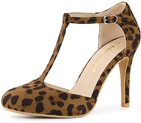 Allegra K Women's Rounded Toe Stiletto Heel T-Strap Dress Pumps Leopard