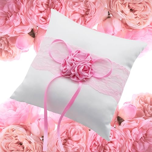 EinsSein Ringkissen Hochzeit aus Satin Flower Rosé | Traukissen für Trauringe & Eheringe rosa weiß 20x20 cm | Wedding Ring Pillow & Ring Cushion | Ringhalter Vintage Klassisch für Standesamt & Kirche