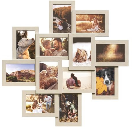 SONGMICS Collage di Cornici per Foto, 12 Cornici per Foto 10 x 15 cm, Cornici Portafoto da Parete, Cornici Multiple, Decorazioni Murali, Beige Naturale RPF022N01