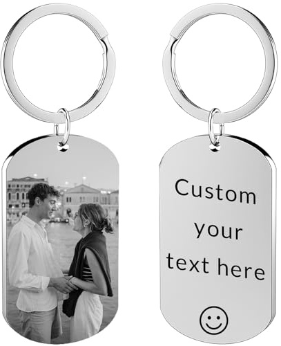 CWYW Llavero personalizado con imagen de doble cara, llavero personalizado grabado con láser para hombres, mujeres, regalos de novio, E-silver Laser, Small