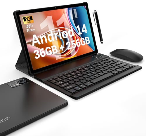 FASTWD Tablet 11 Pulgadas Android 14 con 4G LTE y 5G WiFi,36GB RAM+256GB ROM/9580 mAh/2000 * 1200 FHD/Widevine L1/Face ID/GPS/BT 5.0/TÜV/USB-C Tablet con Teclado + Ratón + Funda,Negro