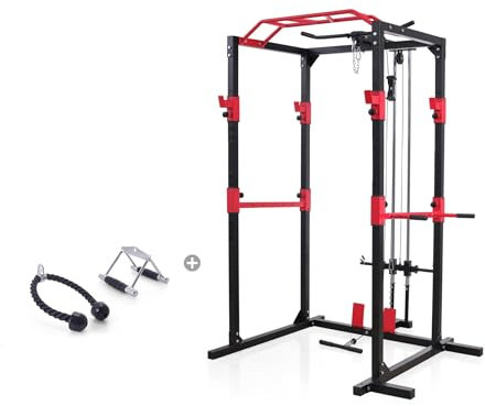 Leiv Power Rack Fitnessstation (inkl. Rudergriff & Trizeps-Seil), Klimmzugstange, Dip-Ständer, Latzug- und Ruderzug für Zuhause.