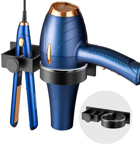 YUET Hair Dryer Holder Hairdryer Straightener Station Wall Mounted/Self Adhesive Spiral Shelf Bracket Stand Hanger Organizer Blow Storage With Cable Tidy Rack For Dyson Dressing Table Bathroom Black