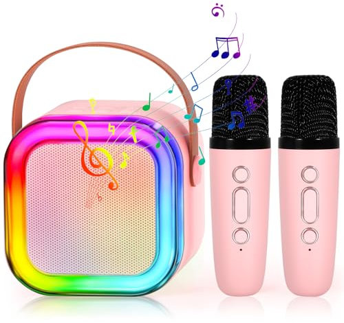 Karaoke per Bambini con 2 Microfoni Wireless, Altoparlante Bluetooth Portatile, Cambio di Voce e Luci LED - Regalo per Bambina 3-12 Anni