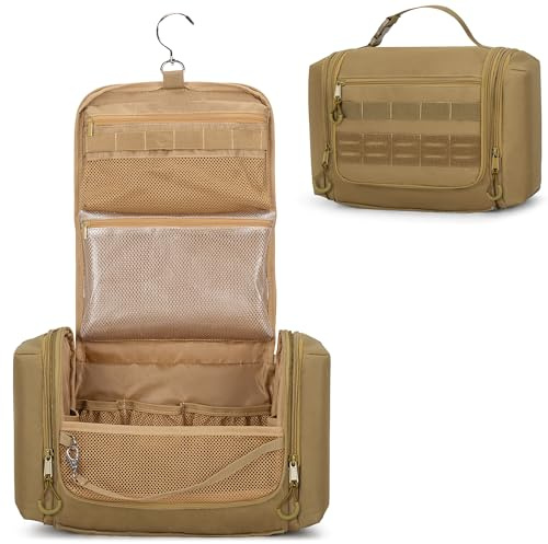 Prokva Trousse de Toilette Tactique de Voyage pour Hommes, Trousse de Toilette Suspendue, Sac d'hygiène, Organisateur de Douche avec Crochet pour Articles de Toilette et Soins de Rasage, Kaki