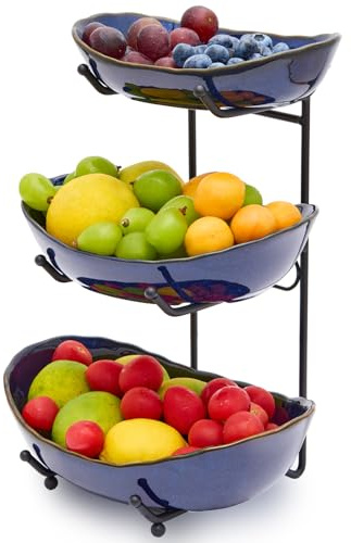 DUJUST Frutero 3 Pisos de Cerámica, Cesta de Frutas de 3 Niveles para Cocina, Frutero de Varios Niveles Moderno y Salvaspacio, Ideal para Frutas, Verduras y Snacks, Apto Lavavajillas y Microondas