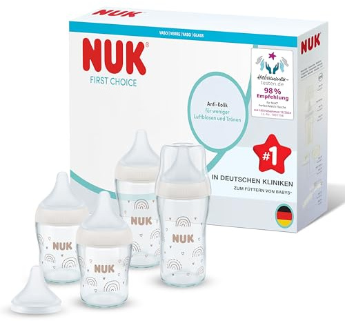 NUK Perfect Match Glass Baby Bottles Set | 0+ Months | 120ml & 230ml | Anti Colic Feeding Bottle | Temperature Control Indicator | Rainbow | 4 Count