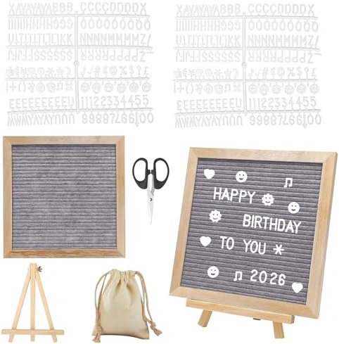 Letter Board 25 × 25 cm de roble y fieltro – Pizarra con letras con 340 letras, juego de tablero de notas con caballete, bolsa y tijeras para decoración y mensajes (gris-25 x 25 cm)
