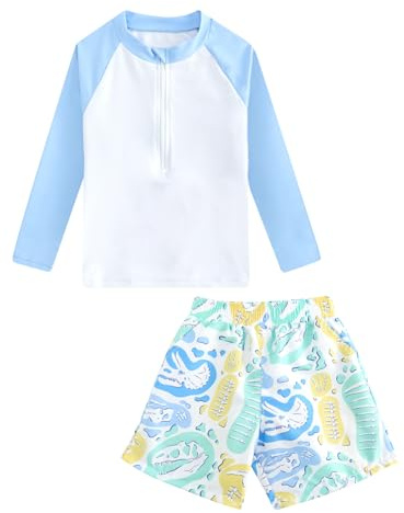 JiAmy Maillot de bain 2 pièces à manches longues pour garçons avec haut zippé sur le devant et short de bain avec poches pour enfants de 3 à 12 ans