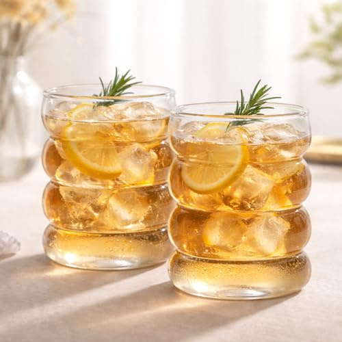 2 Stück Gerippte Trinkgläser,300 ML Bubble Gläser,Latte Macchiato, Iced Coffee,Dessert, Wassergläser,Matcha Glas, Kaffeegläser,Gerippte Eiskaffee Gläser für Cocktails Whiskey Tee Soda Kaffee