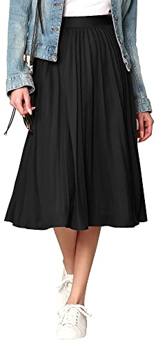 Made By Johnny WB2371 Women's High Elastic Waist Pleated Mid A-Line Swing Skirt L Black