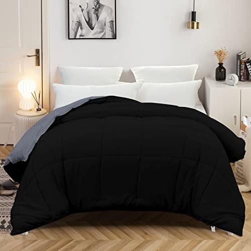 MOHAP Couette Bicolore 4 Saisons Couette d'été Légère 450g/m² 220x240cm Hypoallergénique Bicolore Noir + Gris Foncé Couette de Lit Réversible 2 Personnes Edredon