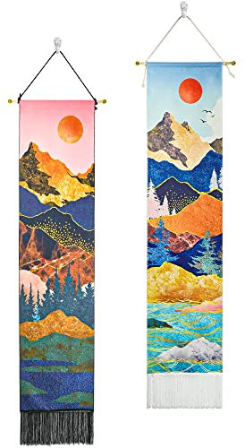 2Pcs Mountain Wall Hanging, Sunrise and Sunset Tapestry with Tassels, Forest Tree Tapestries for Home Decorations Bedroom Dorm (130cm*32.5cm)