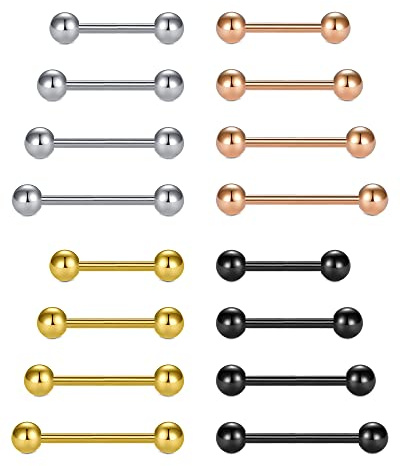 LAURITAMI 16pcs Piercing Barres de Langue 14G 12-18mm Barbell Droite en Acier Chirurgical Langue Mamelon Piercing Bijoux Femmes Hommes