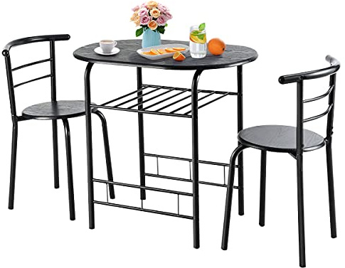 TANGZON Dining Table and Chairs Set 2, 3-Piece Compact Dining Room Set with Storage Shelf, Metal Frame, Breakfast Bar Table for Kitchen, Living Room and Lounge Office (Black)